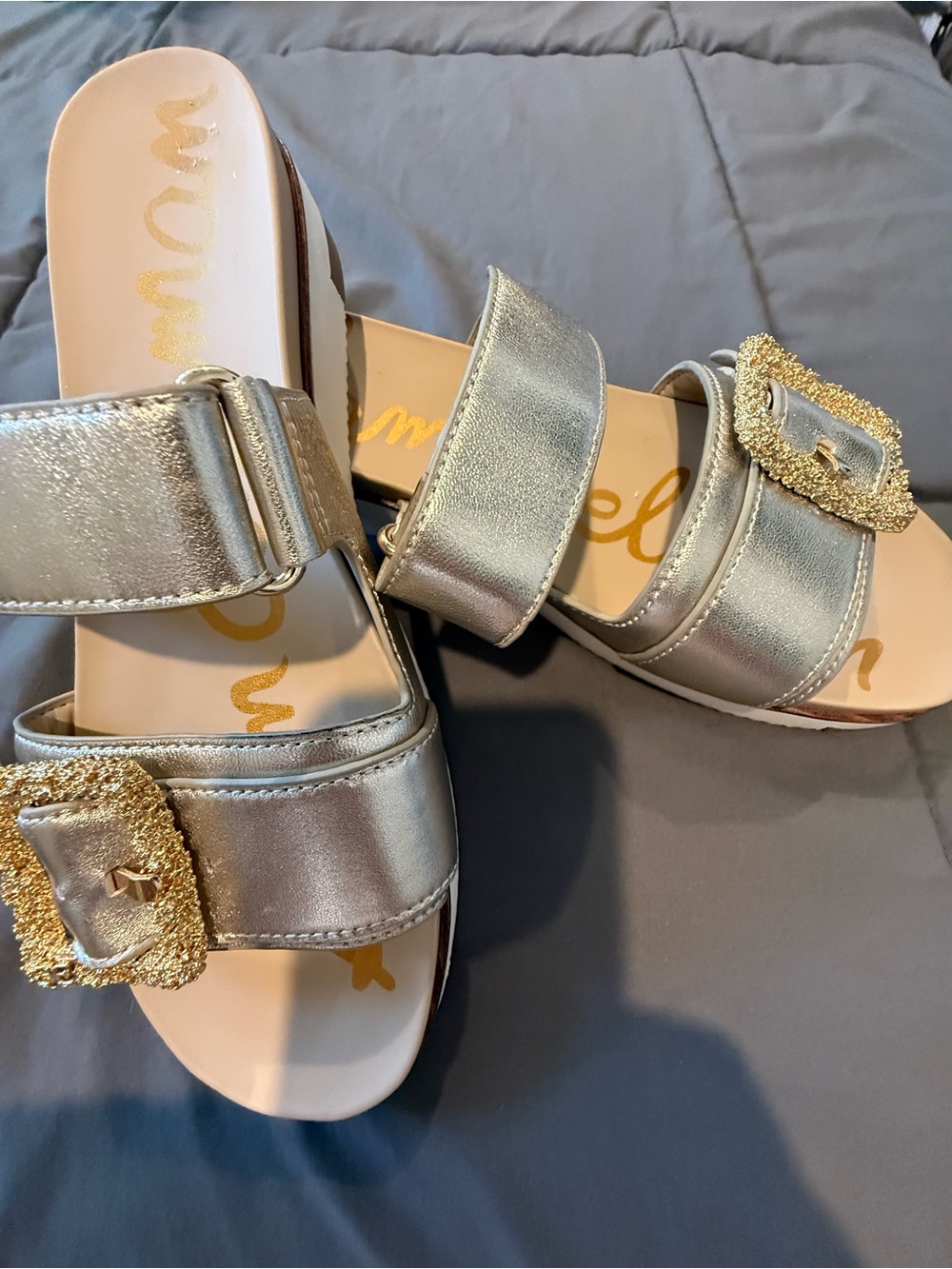Sam Edelman Metallic Silver Slide Sandals with Gold Buckles - Picture 2 of 2